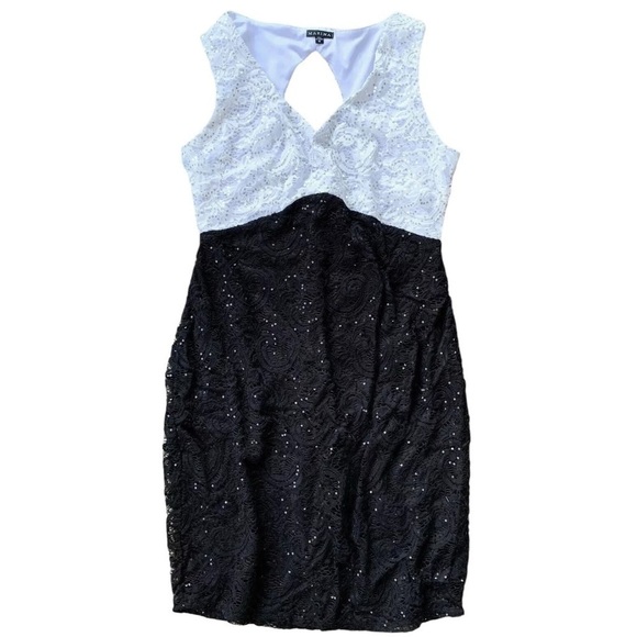 Marina Lace Sequined Sleeveless Keyhole Cocktail Dress Black White Size 12 - Picture 1 of 7